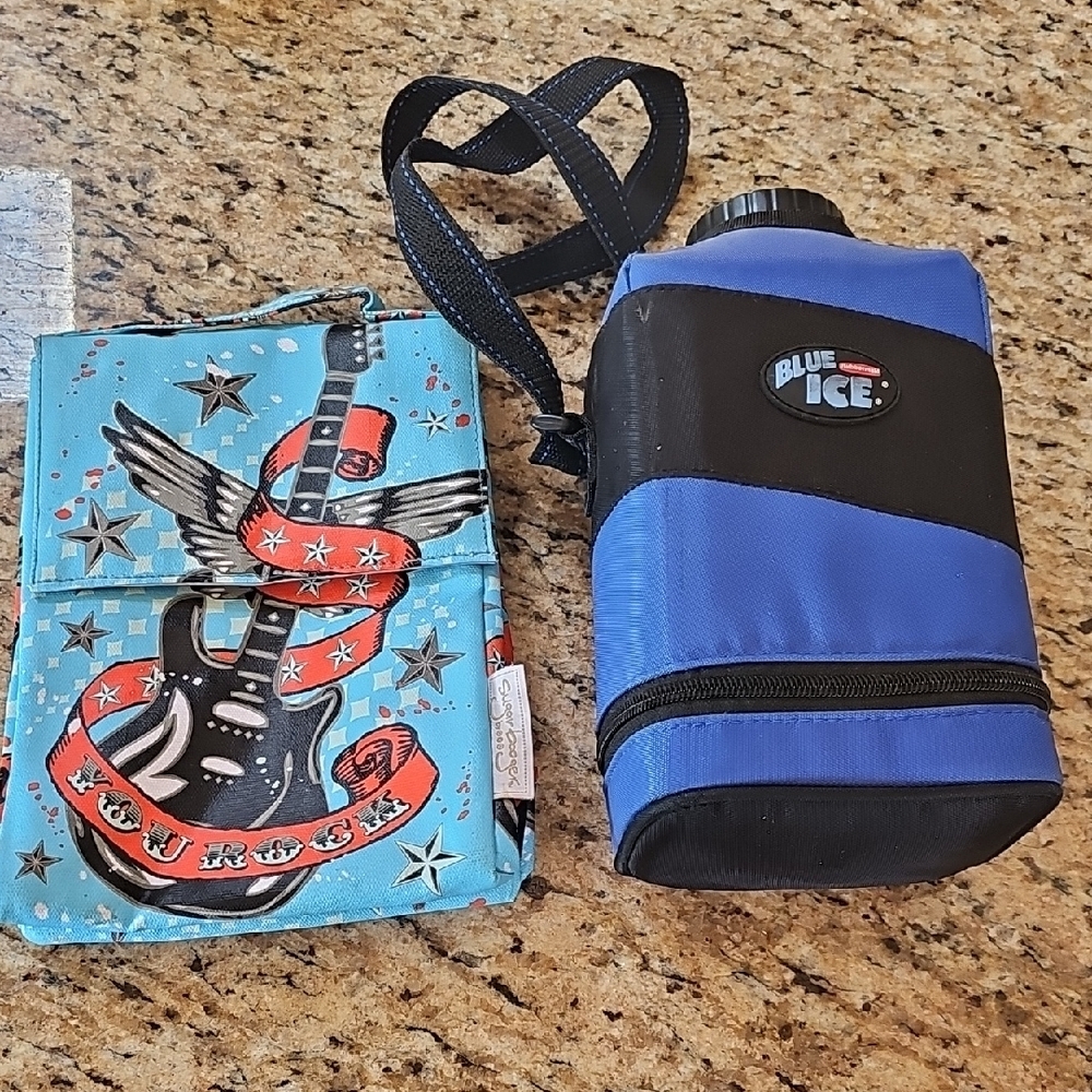 Blue Ice Insulated Water Bottle & Sugar Booger Classic Guitar Print lunch bag